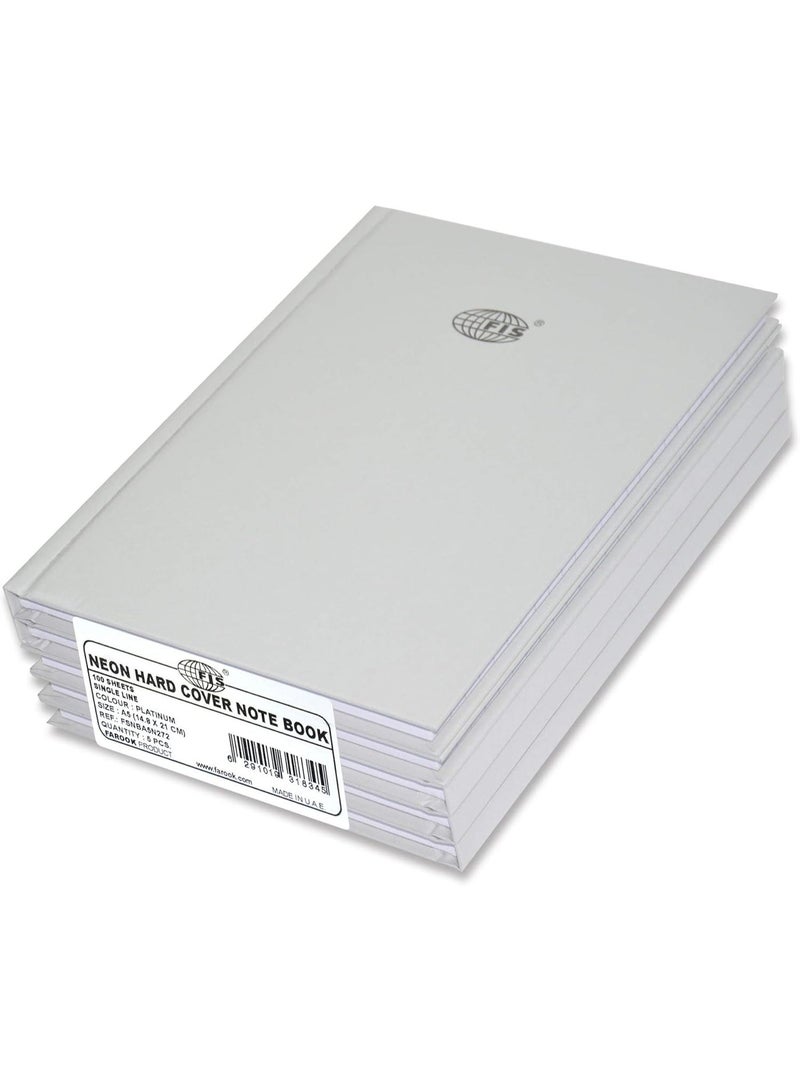 FIS Neon Hard Cover Notebook, A5 Size(14.8x21cm), Single Line Ruling, 100 Sheets, Color Platinum, Pack of 5 Pieces - FSNBA5N272 - Image 1